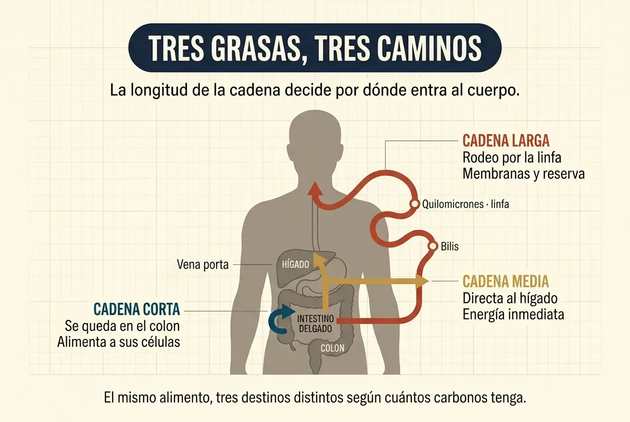 Silueta humana de medio cuerpo sobre fondo crema, con el hígado, el intestino delgado y el colon dibujados en el abdomen. Tres flechas de colores marcan tres recorridos: una azul que gira sobre el propio colon y no sale de él, rotulada «cadena corta»; una ocre recta que sube del intestino delgado al hígado por la vena porta, rotulada «cadena media»; y una roja, larga y sinuosa, que sale del intestino, rodea el torso pasando primero por la bilis y luego por los quilomicrones y la linfa, y desemboca en la base del cuello, rotulada «cadena larga».