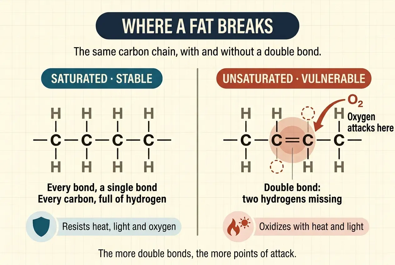 Comparison of two carbon chains on a cream background. On the left, under the label «Saturated · stable», four carbon atoms in a straight line joined by single bonds, each with one hydrogen above and one below: eight in all. On the right, under the label «Unsaturated · vulnerable», the same chain, but the second and third carbons are joined by a double bond and have each lost one hydrogen; the two empty gaps are marked with red dashed circles. A red arrow labelled O₂ points at the double bond.