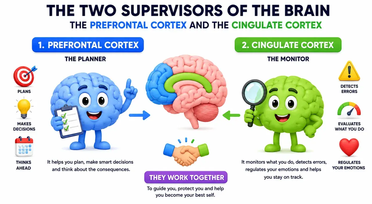 Infographic showing the brain's two supervisors. On the left, the prefrontal cortex, «the planner»: it plans, makes decisions and thinks ahead; it helps you plan, make smart decisions and think about the consequences. On the right, the cingulate cortex, «the monitor»: it detects errors, evaluates what you do and regulates your emotions. In the middle, a brain with both areas coloured: they work together to guide you, protect you and help you become your best self.