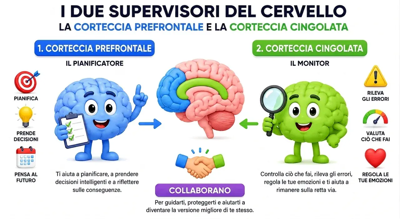 Infografica con i due supervisori del cervello. A sinistra, la corteccia prefrontale, «il pianificatore»: pianifica, prende decisioni e pensa al futuro; ti aiuta a pianificare, a prendere decisioni intelligenti e a riflettere sulle conseguenze. A destra, la corteccia cingolata, «il monitor»: rileva gli errori, valuta ciò che fai e regola le tue emozioni. Al centro, un cervello con entrambe le aree colorate: collaborano per guidarti, proteggerti e aiutarti a diventare la versione migliore di te stesso.