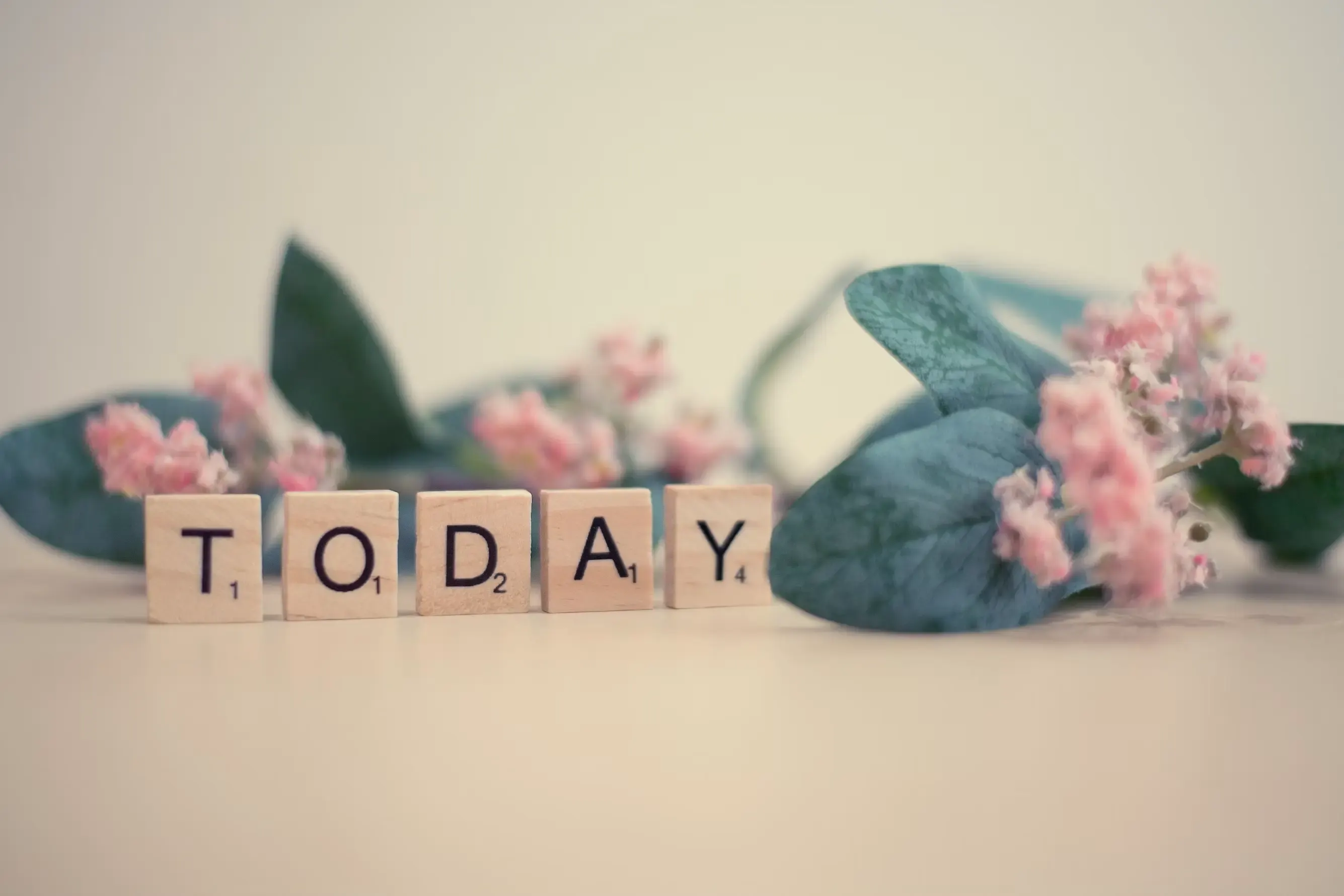 Tessere di legno con lettere che formano la parola «TODAY» su una superficie chiara; dietro, sfocati, rametti di fiori rosa e foglie verdazzurre.