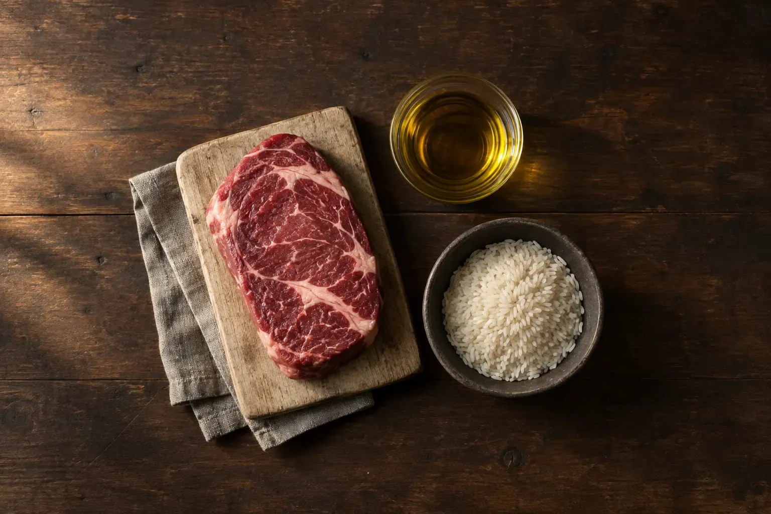 Vista cenital de una mesa de madera oscura y gastada: un filete de vacuno crudo con abundante veteado, apoyado sobre una tabla de madera clara y un paño de lino gris; a su derecha, un cuenco de cristal con aceite de oliva dorado y un cuenco de cerámica oscura lleno de arroz blanco crudo.