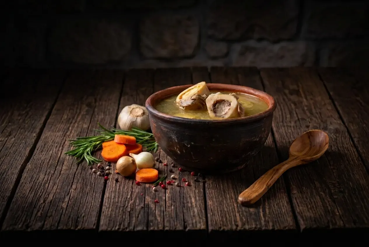 Una ciotola di terracotta con brodo di ossa dorato e due ossa tagliate che mostrano il midollo, su un tavolo di legno scuro e consumato. Accanto, una testa d'aglio, rosmarino, rondelle di carota, due cipolline e grani di pepe; a destra, un cucchiaio di legno d'ulivo, e sullo sfondo un muro di pietra in penombra.