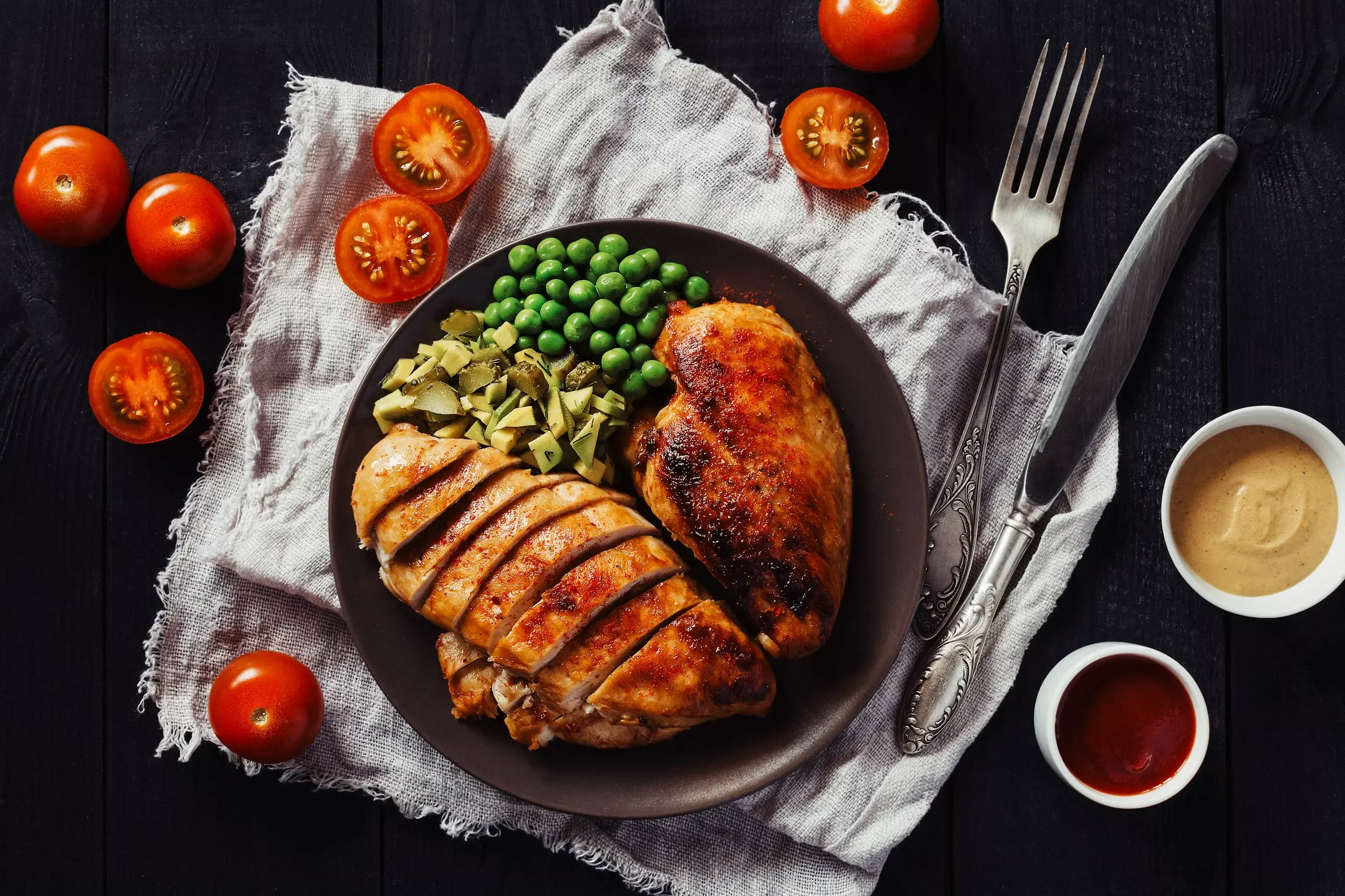 Vista dall'alto di un piatto scuro su un panno di lino grigio e un tavolo di legno nero: due petti di pollo arrostiti, uno dei quali tagliato a fette, accompagnati da piselli e cetriolini a dadini. Attorno, pomodori interi e tagliati a metà, un coltello e una forchetta d'argento cesellato, e due ciotole bianche con una salsa cremosa e una salsa di pomodoro.