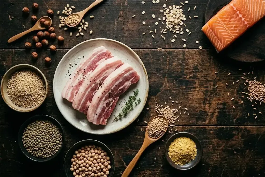 Vista cenital de una mesa de madera oscura con alimentos ricos en tiamina: dos chuletas de cerdo crudas en un plato de cerámica en el centro, cuencos de arroz integral, lentejas y garbanzos, avellanas y piñones en cucharas de madera, granos de trigo y avena esparcidos, copos de levadura de cerveza y un lomo de salmón.