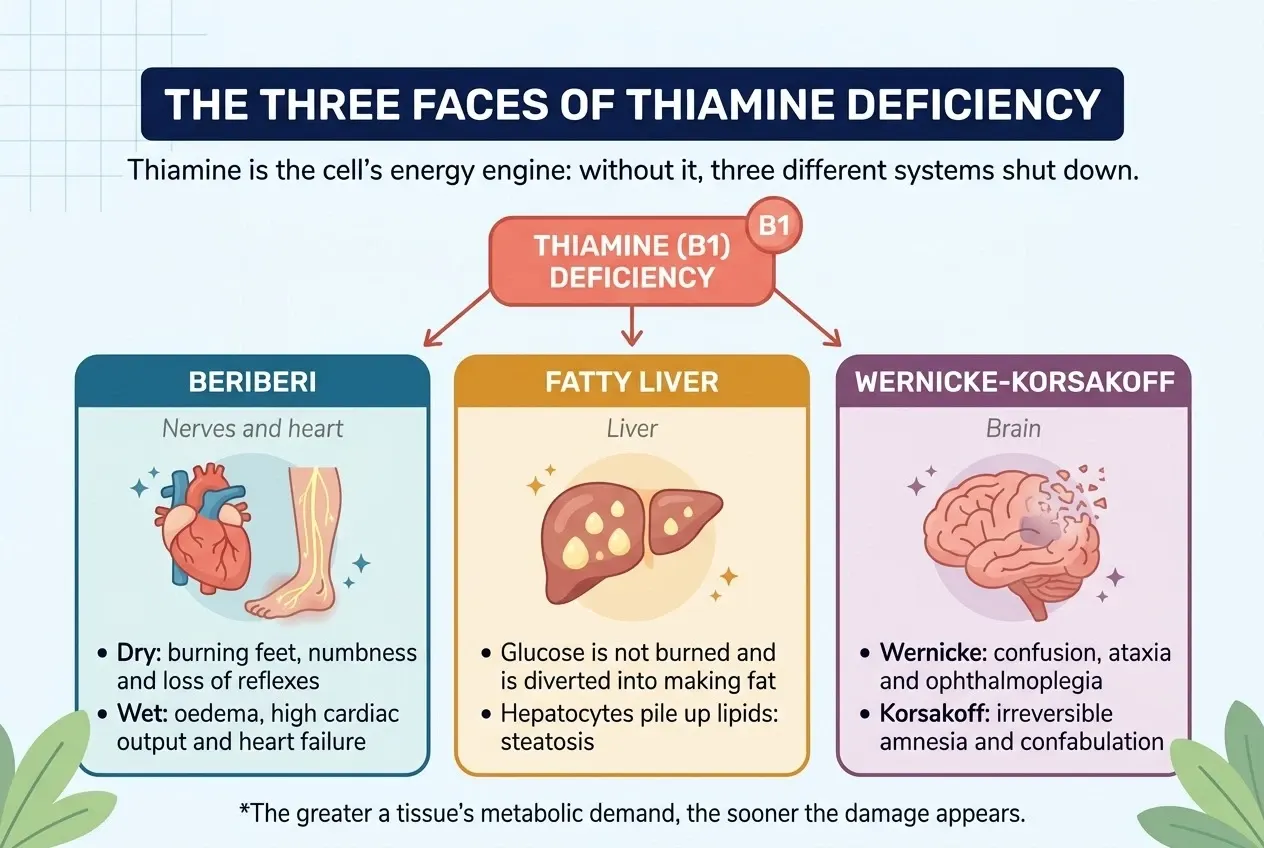 Diagram titled «The three faces of thiamine deficiency». From a central node, «Thiamine (B1) deficiency», three arrows lead to three columns. Beriberi, affecting nerves and heart: the dry form causes burning feet, numbness and loss of reflexes; the wet form causes oedema, high cardiac output and heart failure. Fatty liver, affecting the liver: glucose is not burned and is diverted into making fat, and hepatocytes pile up lipids into steatosis. Wernicke-Korsakoff, affecting the brain: Wernicke's encephalopathy brings confusion, ataxia and ophthalmoplegia, and Korsakoff's syndrome brings irreversible amnesia and confabulation. Footnote: the greater a tissue's metabolic demand, the sooner the damage appears.
