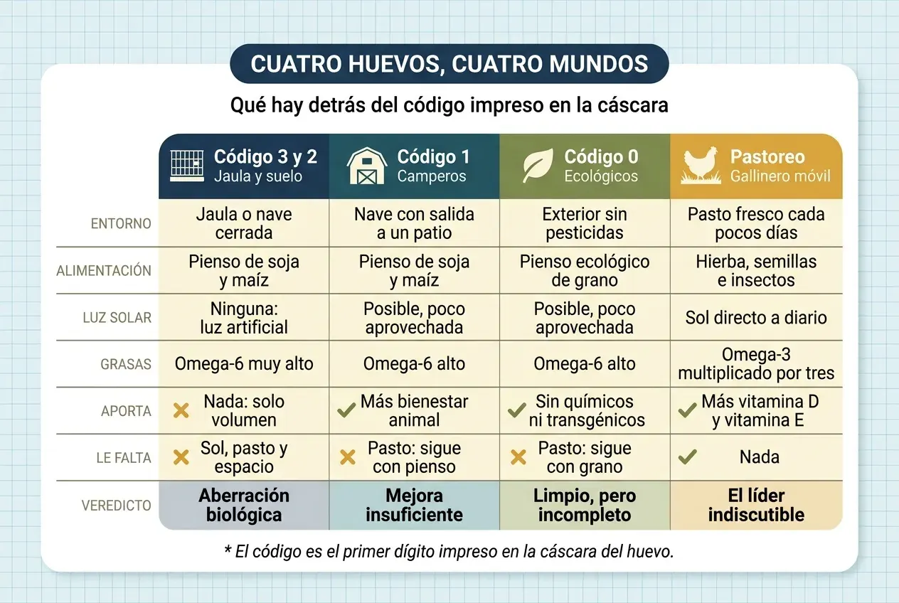 Tabla comparativa titulada «Cuatro huevos, cuatro mundos: qué hay detrás del código impreso en la cáscara», con cuatro columnas. Código 3 y 2, jaula y suelo: jaula o nave cerrada; pienso de soja y maíz; ninguna luz solar, solo artificial; Omega-6 muy alto; no aporta nada, solo volumen; le falta sol, pasto y espacio; veredicto: aberración biológica. Código 1, camperos: nave con salida a un patio; pienso de soja y maíz; luz solar posible pero poco aprovechada; Omega-6 alto; aporta más bienestar animal; le falta pasto, sigue con pienso; veredicto: mejora insuficiente. Código 0, ecológicos: exterior sin pesticidas; pienso ecológico de grano; luz solar posible pero poco aprovechada; Omega-6 alto; aporta ausencia de químicos y transgénicos; le falta pasto, sigue con grano; veredicto: limpio, pero incompleto. Pastoreo, gallinero móvil: pasto fresco cada pocos días; hierba, semillas e insectos; sol directo a diario; Omega-3 multiplicado por tres; aporta más vitamina D y vitamina E; no le falta nada; veredicto: el líder indiscutible. Al pie: el código es el primer dígito impreso en la cáscara del huevo.