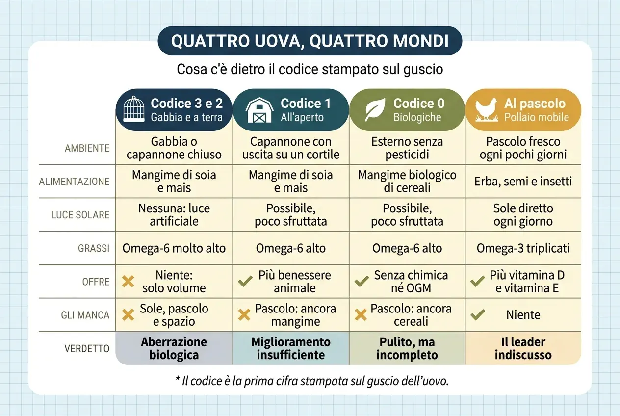 Tabella comparativa intitolata «Quattro uova, quattro mondi: cosa c'è dietro il codice stampato sul guscio», con quattro colonne. Codice 3 e 2, gabbia e a terra: gabbia o capannone chiuso; mangime di soia e mais; nessuna luce solare, solo artificiale; Omega-6 molto alto; non offre niente, solo volume; gli mancano sole, pascolo e spazio; verdetto: aberrazione biologica. Codice 1, all'aperto: capannone con uscita su un cortile; mangime di soia e mais; luce solare possibile ma poco sfruttata; Omega-6 alto; offre più benessere animale; gli manca il pascolo, ancora mangime; verdetto: miglioramento insufficiente. Codice 0, biologiche: esterno senza pesticidi; mangime biologico di cereali; luce solare possibile ma poco sfruttata; Omega-6 alto; offre l'assenza di chimica e OGM; gli manca il pascolo, ancora cereali; verdetto: pulito, ma incompleto. Al pascolo, pollaio mobile: pascolo fresco ogni pochi giorni; erba, semi e insetti; sole diretto ogni giorno; Omega-3 triplicati; offre più vitamina D e vitamina E; non gli manca niente; verdetto: il leader indiscusso. In calce: il codice è la prima cifra stampata sul guscio dell'uovo.