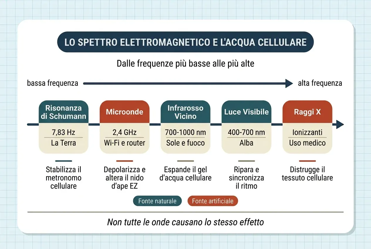 Diagramma dello spettro elettromagnetico ordinato dalla frequenza più bassa alla più alta, con cinque bande e il loro effetto sull'acqua cellulare. Risonanza di Schumann, 7,83 Hz, la Terra: stabilizza il metronomo cellulare. Microonde, 2,4 GHz, Wi-Fi e router: depolarizzano e alterano il nido d'ape EZ. Vicino infrarosso, 700-1000 nm, sole e fuoco: espande il gel d'acqua cellulare. Luce visibile, 400-700 nm, alba: ripara e sincronizza il ritmo. Raggi X, radiazione ionizzante di uso medico: distruggono il tessuto cellulare. Le sorgenti naturali compaiono in un colore e quelle artificiali in un altro.