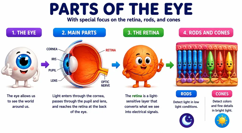 A four-step diagram of the parts of the eye: the whole eye; a cross-section showing the cornea, iris, pupil, lens, retina and optic nerve; the retina as a light-sensitive layer that converts what we see into electrical signals; and a close-up of the rods, which detect light in low-light conditions, alongside the cones, which detect colours and fine detail in bright light.