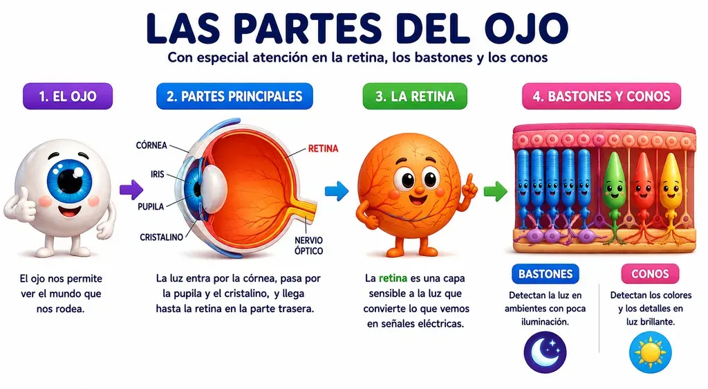 Esquema en cuatro pasos de las partes del ojo: el ojo completo; un corte con la córnea, el iris, la pupila, el cristalino, la retina y el nervio óptico; la retina como capa sensible a la luz que convierte lo que vemos en señales eléctricas; y el detalle de los bastones, que detectan la luz en ambientes poco iluminados, junto a los conos, que detectan colores y detalles con luz brillante.