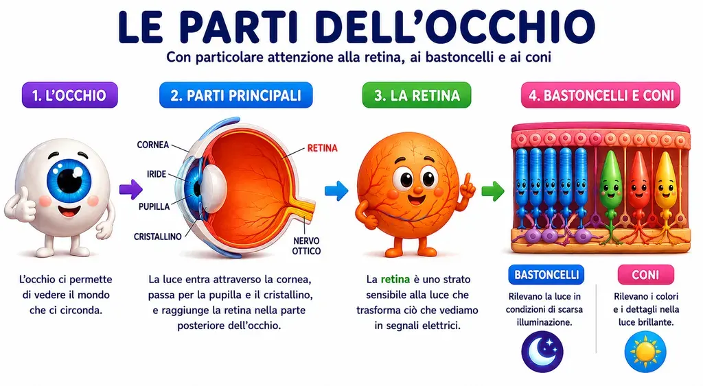 Schema in quattro passaggi delle parti dell'occhio: l'occhio intero; una sezione con cornea, iride, pupilla, cristallino, retina e nervo ottico; la retina come strato sensibile alla luce che converte ciò che vediamo in segnali elettrici; e il dettaglio dei bastoncelli, che rilevano la luce in ambienti poco illuminati, accanto ai coni, che rilevano colori e dettagli con luce intensa.
