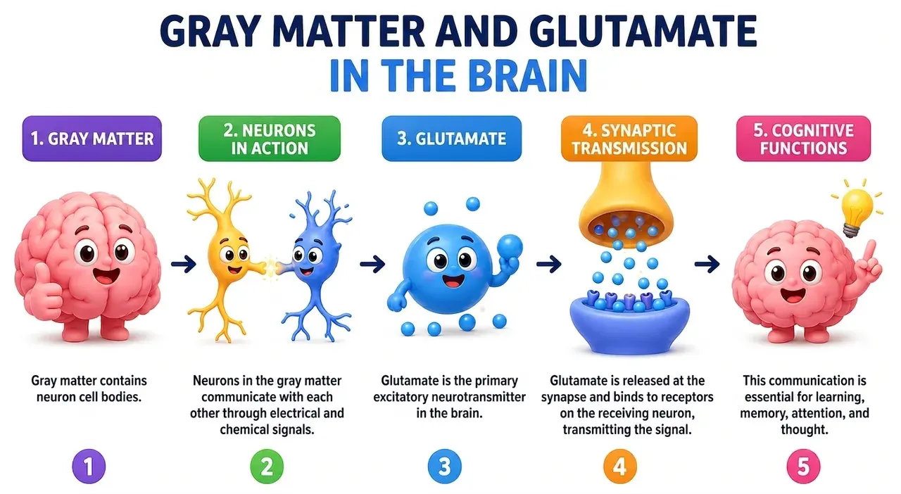 A five-step sequence. One: grey matter contains neuron cell bodies. Two: neurons in the grey matter communicate with each other through electrical and chemical signals. Three: glutamate is the primary excitatory neurotransmitter in the brain. Four: glutamate is released at the synapse and binds to receptors on the receiving neuron, transmitting the signal. Five: this communication is essential for learning, memory, attention and thought.