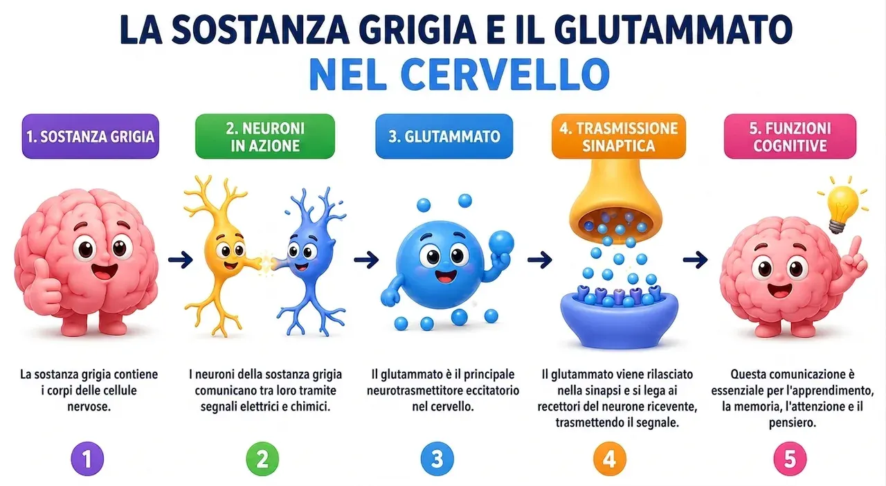 Sequenza in cinque passi. Uno: la sostanza grigia contiene i corpi delle cellule nervose. Due: i neuroni della sostanza grigia comunicano tra loro tramite segnali elettrici e chimici. Tre: il glutammato è il principale neurotrasmettitore eccitatorio del cervello. Quattro: il glutammato viene rilasciato nella sinapsi e si lega ai recettori del neurone ricevente, trasmettendo il segnale. Cinque: questa comunicazione è essenziale per l'apprendimento, la memoria, l'attenzione e il pensiero.