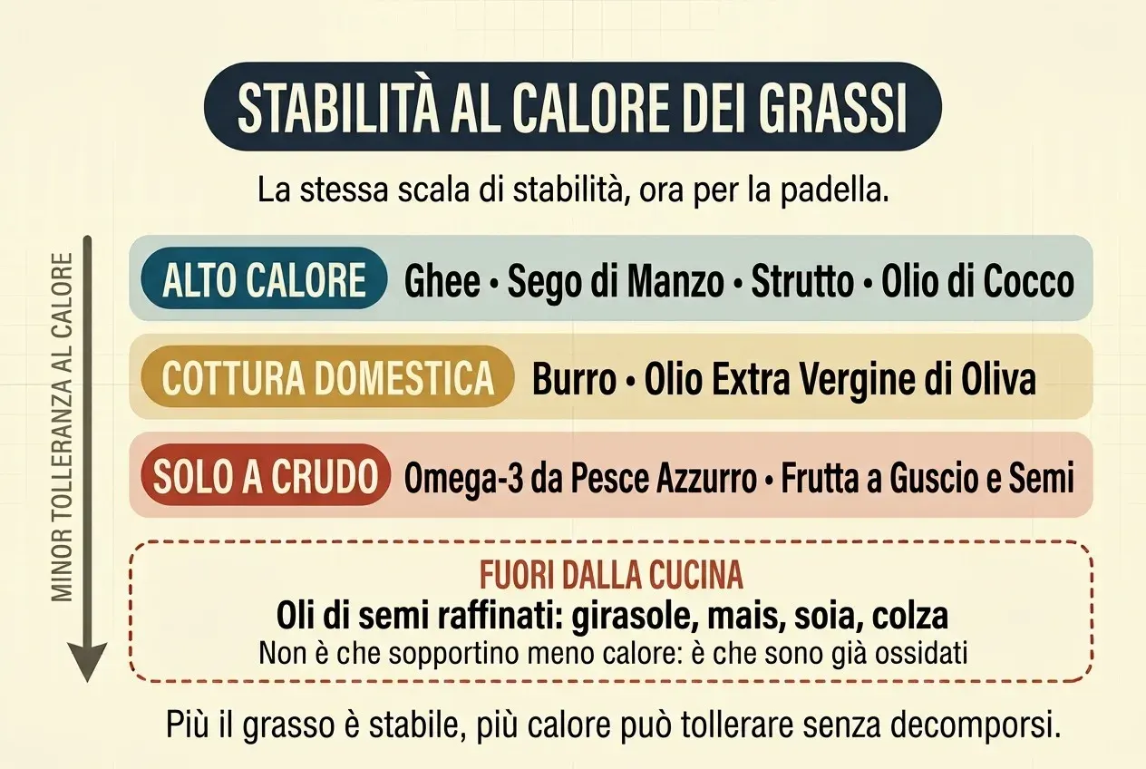 Scala della stabilità dei grassi al calore su fondo crema, con una freccia verticale a sinistra con l'etichetta «minore tolleranza al calore». Tre bande sovrapposte: in blu-verde, «alto calore» con ghee, sego di manzo, strutto e olio di cocco; in ocra, «cottura domestica» con burro e olio extra vergine di oliva; in rosso, «solo a crudo» con l'omega-3 del pesce azzurro e la frutta a guscio e i semi. Sotto, separato e con bordo tratteggiato, un blocco intitolato «fuori dalla cucina» con gli oli di semi raffinati: girasole, mais, soia e colza.