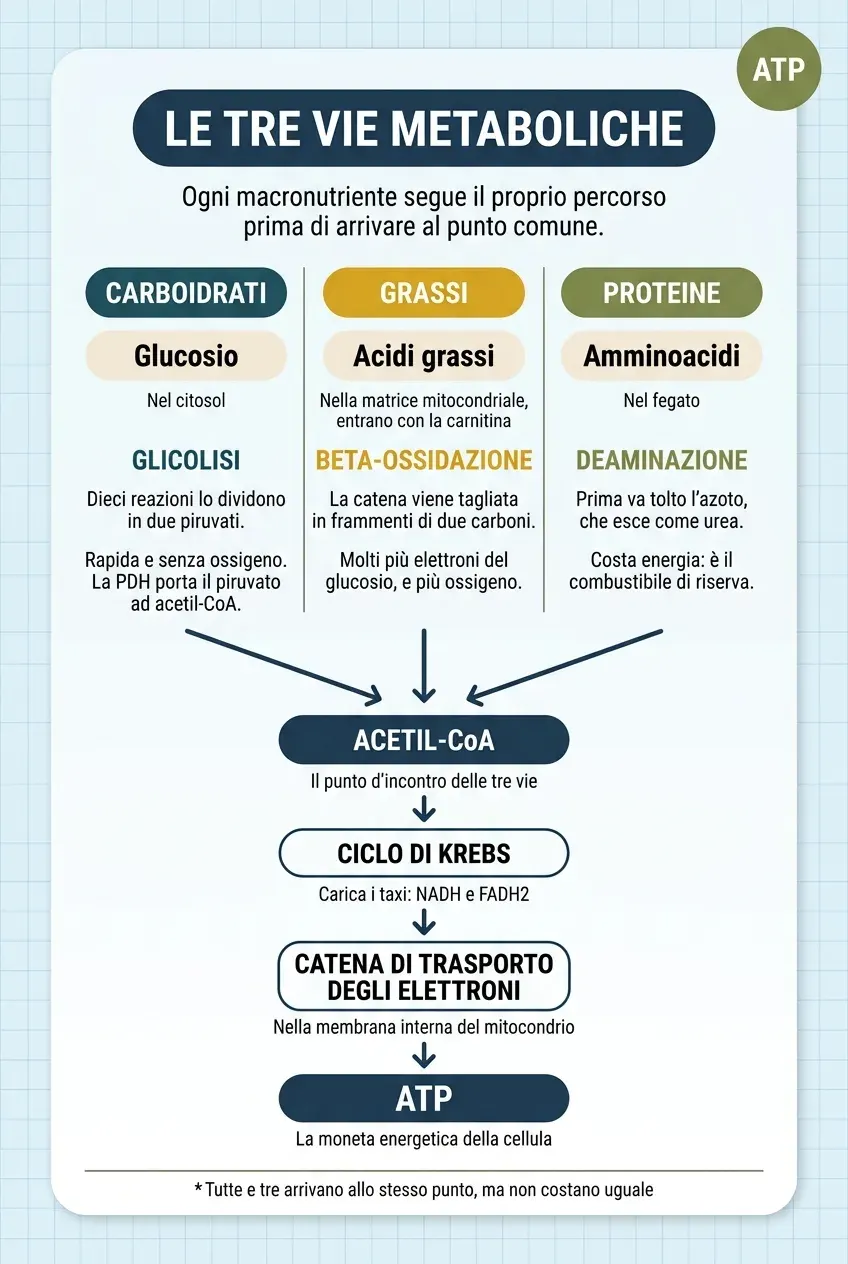 Infografica verticale intitolata «Le tre vie metaboliche», con il sottotitolo «Ogni macronutriente segue il proprio percorso prima di arrivare al punto comune». Tre colonne parallele. Carboidrati: si scompongono in glucosio, nel citosol, lungo la via della glicolisi; dieci reazioni lo dividono in due piruvati, è rapida e non richiede ossigeno, e la PDH porta il piruvato ad acetil-CoA. Grassi: si scompongono in acidi grassi, nella matrice mitocondriale, dove entrano con la carnitina, lungo la via della beta-ossidazione; la catena viene tagliata in frammenti di due carboni e fornisce molti più elettroni del glucosio, e più ossigeno. Proteine: si scompongono in amminoacidi, nel fegato, lungo la via della deaminazione; prima va tolto l'azoto, che esce come urea, e questo costa energia, per cui sono il combustibile di riserva. Tre frecce scendono dalle colonne e confluiscono in un'unica catena verticale: acetil-CoA, il punto d'incontro delle tre vie; ciclo di Krebs, che carica i taxi NADH e FADH₂; catena di trasporto degli elettroni, nella membrana interna del mitocondrio; e ATP, la moneta energetica della cellula. In fondo: tutte e tre arrivano allo stesso punto, ma non costano uguale.