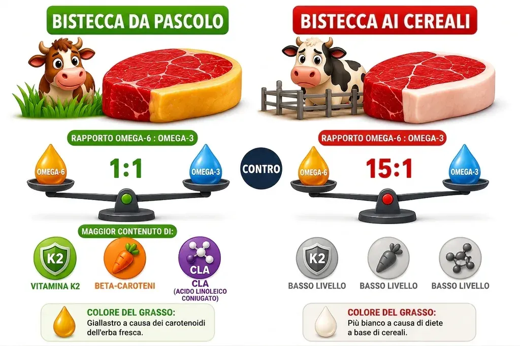 Infografica comparativa tra due bistecche. A sinistra, bistecca da pascolo, accanto a una mucca sull'erba: rapporto Omega-6:Omega-3 di 1:1, rappresentato da una bilancia in equilibrio; maggior contenuto di vitamina K2, betacaroteni e CLA (acido linoleico coniugato); colore del grasso giallastro a causa dei carotenoidi dell'erba fresca. A destra, bistecca ai cereali, accanto a una mucca dietro un recinto: rapporto Omega-6:Omega-3 di 15:1, con la bilancia inclinata verso l'Omega-6; basso livello degli stessi tre nutrienti; colore del grasso più bianco a causa delle diete a base di cereali.