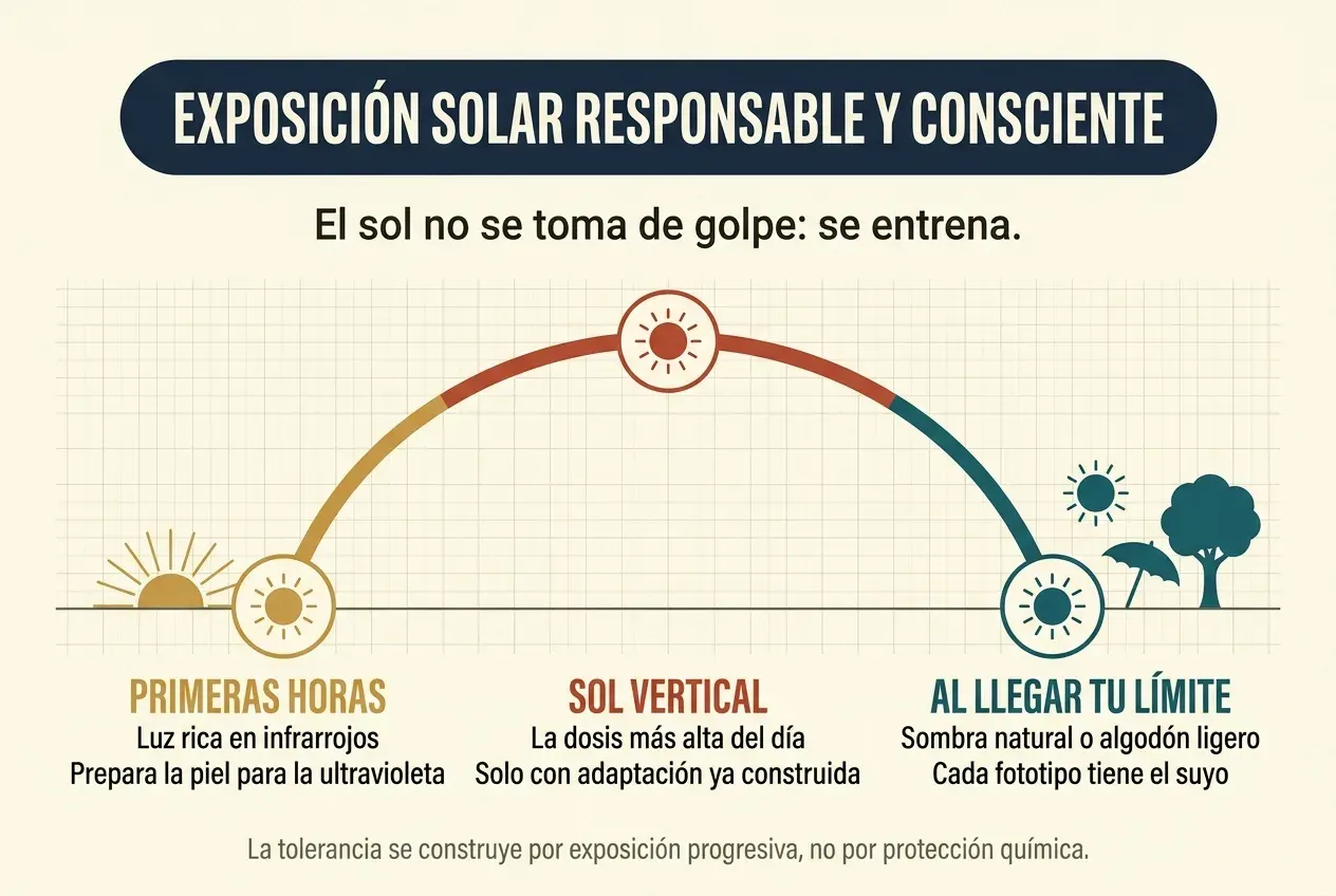 Arco que representa el recorrido del sol a lo largo del día sobre fondo crema. En el extremo izquierdo, un sol saliendo y un círculo ocre rotulado «primeras horas»; en lo alto del arco, un círculo rojo rotulado «sol vertical»; a la derecha, ya bajando, un círculo verde azulado rotulado «al llegar tu límite», junto a la silueta de una sombrilla y un árbol. El arco cambia de color por tramos: ocre al subir, rojo en lo alto y verde azulado al bajar.