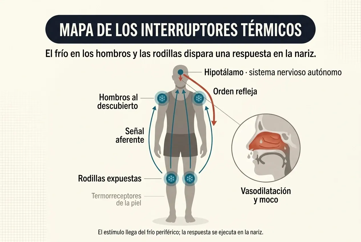 Mapa corporal de los disparadores térmicos. Una figura humana en pantalón corto y camiseta de tirantes tiene marcados en azul los dos hombros y las dos rodillas con iconos de copo de nieve, señalados como termorreceptores de la piel. Cuatro flechas azules parten de esas zonas y suben por el cuerpo hasta el hipotálamo, en la cabeza. Desde allí una flecha roja baja hasta la nariz, donde un recuadro circular muestra un corte de perfil de la cabeza con la mucosa nasal inflamada y goteo de moco.