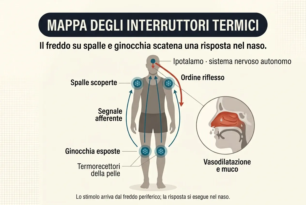 Mappa corporea degli inneschi termici. Una figura umana in pantaloncini e canottiera ha entrambe le spalle ed entrambe le ginocchia segnate in blu con icone di fiocco di neve, indicate come termorecettori della pelle. Quattro frecce blu partono da quelle zone e salgono lungo il corpo fino all'ipotalamo, nella testa. Da lì una freccia rossa scende fino al naso, dove un riquadro circolare mostra una sezione di profilo della testa con la mucosa nasale infiammata e gocciolamento di muco.
