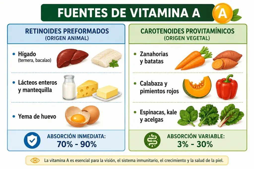 Comparación de las dos fuentes de vitamina A. A la izquierda, los retinoides preformados de origen animal (hígado de ternera y de bacalao, lácteos enteros y mantequilla, yema de huevo), con una absorción inmediata del 70 % al 90 %. A la derecha, los carotenoides provitamínicos de origen vegetal (zanahorias y batatas, calabaza y pimientos rojos, espinacas, kale y acelgas), con una absorción variable del 3 % al 30 %.