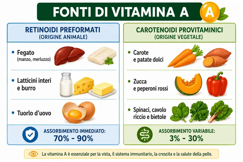 Confronto tra le due fonti di vitamina A. A sinistra i retinoidi preformati di origine animale (fegato di manzo e di merluzzo, latticini interi e burro, tuorlo d'uovo), con assorbimento immediato dal 70 % al 90 %. A destra i carotenoidi provitaminici di origine vegetale (carote e patate dolci, zucca e peperoni rossi, spinaci, cavolo riccio e bietole), con assorbimento variabile dal 3 % al 30 %.