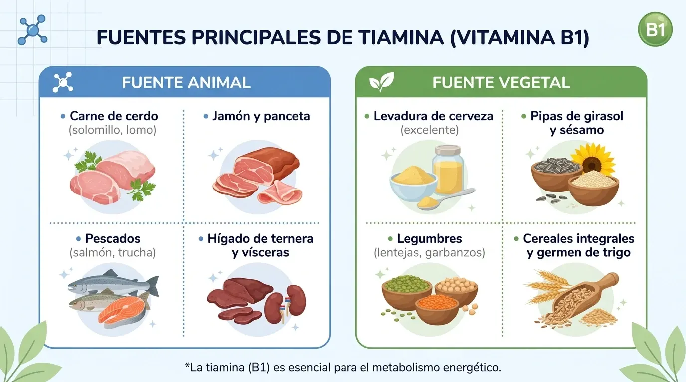 Cuadro comparativo de las fuentes principales de tiamina o vitamina B1, dividido en dos columnas. Fuente animal: carne de cerdo (solomillo, lomo), jamón y panceta, pescados (salmón, trucha), e hígado de ternera y vísceras. Fuente vegetal: levadura de cerveza (excelente), pipas de girasol y sésamo, legumbres (lentejas, garbanzos), y cereales integrales y germen de trigo. Al pie: la tiamina (B1) es esencial para el metabolismo energético.