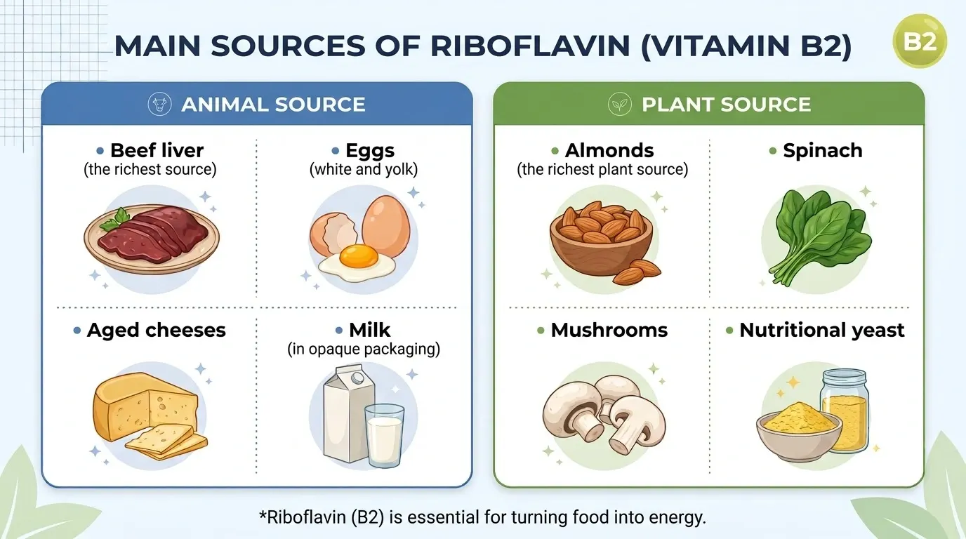 Comparison chart of the main sources of riboflavin, or vitamin B2, split into two columns. Animal source: beef liver (the richest source), eggs (white and yolk), aged cheeses, and milk (in opaque packaging). Plant source: almonds (the richest plant source), spinach, mushrooms, and nutritional yeast. Footnote: riboflavin (B2) is essential for turning food into energy.