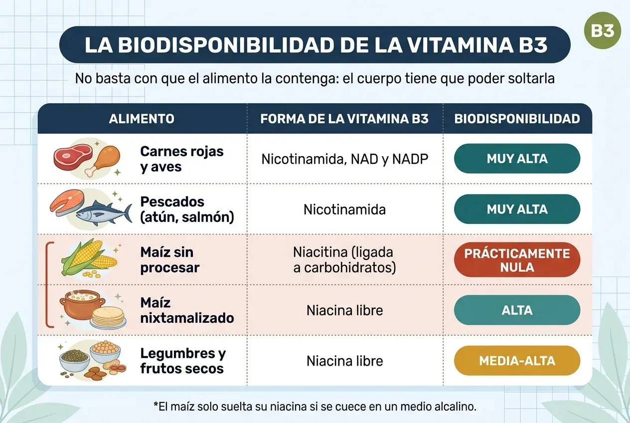 Tabla titulada «La biodisponibilidad de la vitamina B3», con el subtítulo «No basta con que el alimento la contenga: el cuerpo tiene que poder soltarla». Tres columnas: alimento, forma de la vitamina B3 y biodisponibilidad. Las carnes rojas y las aves aportan nicotinamida, NAD y NADP, con biodisponibilidad muy alta. Los pescados, atún y salmón, aportan nicotinamida, también muy alta. El maíz sin procesar contiene niacitina ligada a carbohidratos, con biodisponibilidad prácticamente nula. El maíz nixtamalizado contiene niacina libre, con biodisponibilidad alta; las dos filas del maíz aparecen agrupadas para señalar que son el mismo alimento antes y después del tratamiento. Las legumbres y los frutos secos contienen niacina libre, con biodisponibilidad media-alta. Al pie: el maíz solo suelta su niacina si se cuece en un medio alcalino.