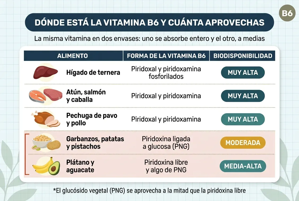 Tabla titulada «Dónde está la vitamina B6 y cuánta aprovechas», con el subtítulo «La misma vitamina en dos envases: uno se absorbe entero y el otro, a medias». Tres columnas: alimento, forma de la vitamina B6 y biodisponibilidad. El hígado de ternera aporta piridoxal y piridoxamina fosforilados, con biodisponibilidad muy alta. El atún, el salmón y la caballa aportan piridoxal y piridoxamina, también muy alta. La pechuga de pavo y pollo, piridoxal y piridoxamina, muy alta. Los garbanzos, las patatas y los pistachos contienen piridoxina ligada a glucosa (PNG), con biodisponibilidad moderada. El plátano y el aguacate contienen piridoxina libre y algo de PNG, con biodisponibilidad media-alta. Las dos últimas filas, las de origen vegetal, aparecen agrupadas sobre un fondo rosado para señalar que son las que pierden parte de la vitamina por el camino. Al pie: el glucósido vegetal (PNG) se aprovecha a la mitad que la piridoxina libre.