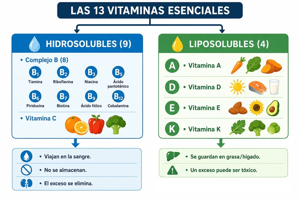 Esquema de las trece vitaminas esenciales repartidas en dos grupos. A la izquierda, las nueve hidrosolubles: las ocho del complejo B (B1 tiamina, B2 riboflavina, B3 niacina, B5 ácido pantoténico, B6 piridoxina, B7 biotina, B9 ácido fólico y B12 cobalamina) más la vitamina C. A la derecha, las cuatro liposolubles: A, D, E y K, cada una junto a los alimentos que la aportan.