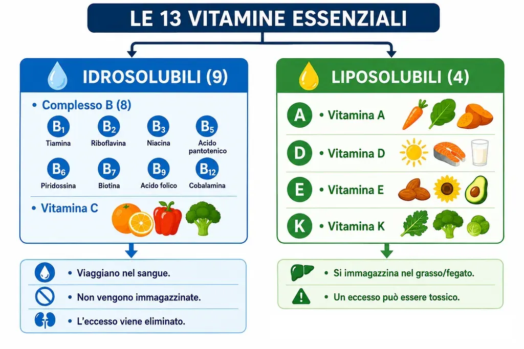 Schema delle tredici vitamine essenziali divise in due gruppi. A sinistra le nove idrosolubili: le otto del complesso B (B1 tiamina, B2 riboflavina, B3 niacina, B5 acido pantotenico, B6 piridossina, B7 biotina, B9 acido folico e B12 cobalamina) più la vitamina C. A destra le quattro liposolubili: A, D, E e K, ciascuna accanto agli alimenti che la apportano.