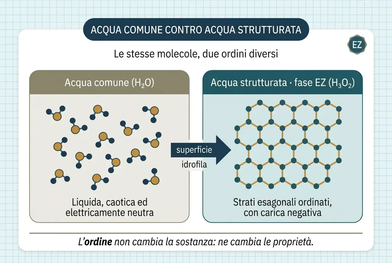 Diagramma comparativo in due pannelli. A sinistra, «Acqua comune (H₂O)»: molecole d'acqua sciolte, orientate a caso e senza ordine, con la didascalia «liquida, caotica ed elettricamente neutra». A destra, «Acqua strutturata, fase EZ (H₃O₂)»: le stesse molecole legate in un reticolo di esagoni, come un favo d'api, con la didascalia «strati esagonali ordinati, a carica negativa». Tra i due, una freccia con la scritta «superficie idrofila» punta dal primo al secondo. In basso: «L'ordine non cambia la sostanza: ne cambia le proprietà».
